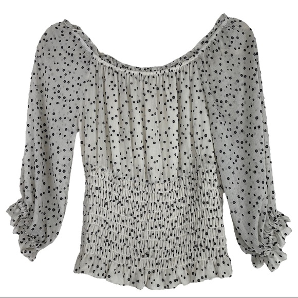 28) ANTHROPOLOGIE ivory Lucia Off-The-Shoulder Polka Dot Smocked Blouse sz S - Picture 2 of 4